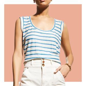 Veronica Beard Arion Muscle Tee Off-White with Green Blue Stripe T-shirt Size M